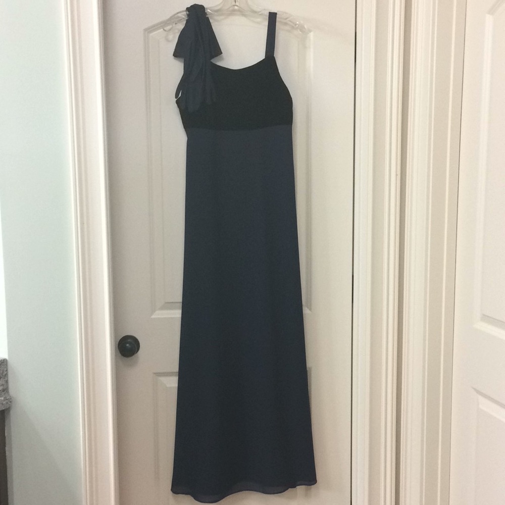 Navy velvet and chiffon evening dress
